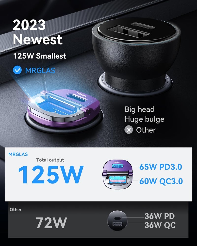 MRGLAS 【Upgraded】 125W USB C Car Charger Super Fast Charging for iPhone 16, [PD65W & QC60W][All Metal] Cigarette Lighter Car Charger,Dual Port for iPhone 16 15 Pro iPad Samsung S25/S24 MacBook-Purple - Image 2